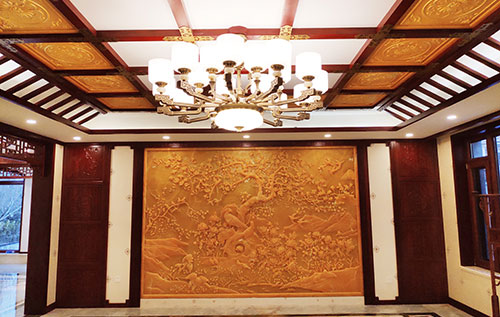 坡头中式别墅客厅中式木作横梁吊顶装饰展示